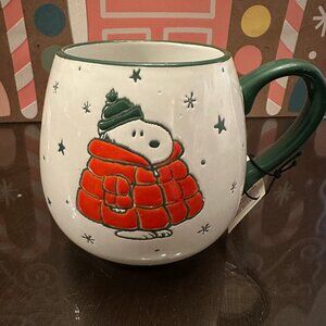 Peanuts Snoopy Red Puffer Coat "Stay Cozy" Snowflakes Mug NWT 2025
